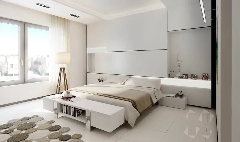 Phòng khách ấm cúng với tường và nội thất màu trắng gạo chủ đạo, tạo cảm giác thư thái